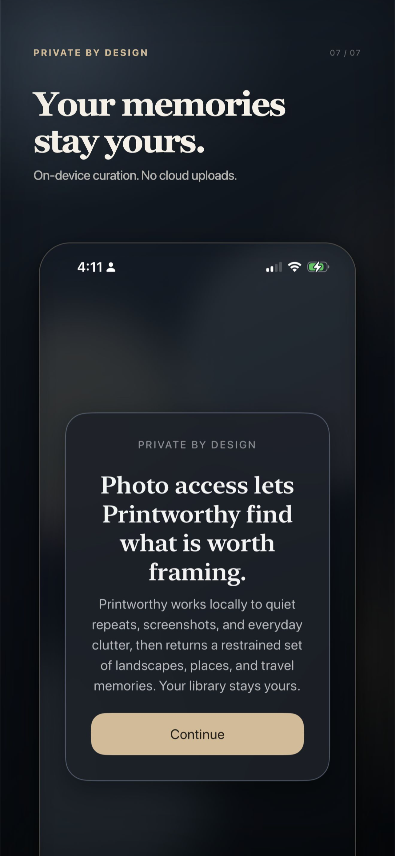 Printworthy private by design screen showing on-device photo curation